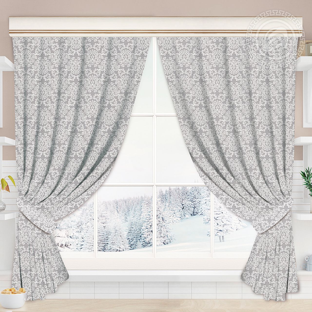 Шторы для кухни с подхватом Кружево