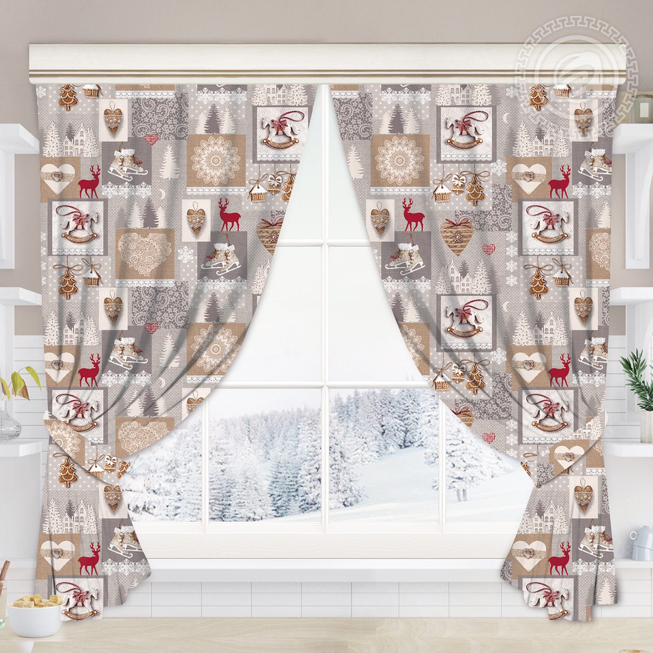 Шторы для кухни с подхватом Лапландия