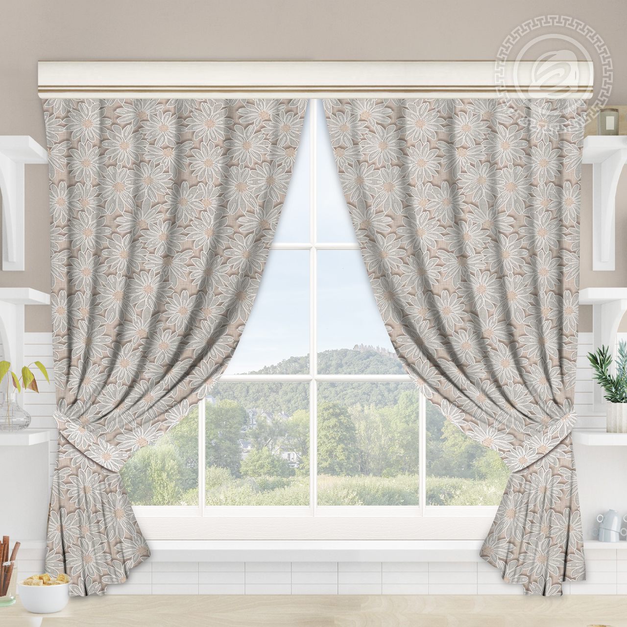 Шторы для кухни с подхватом София серая